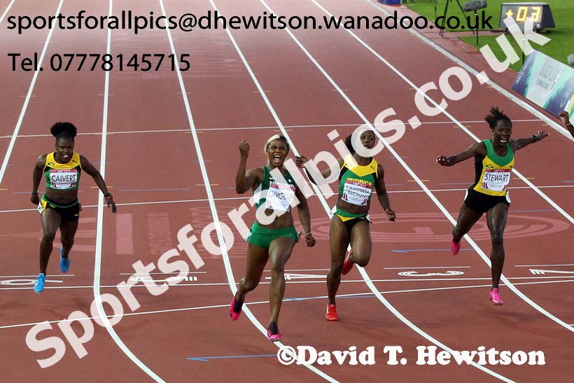 Blessing Okagbare (Nigeria) wins the 100 metres at the Commonwealth Games, Glasgow. Photo: David T. Hewitson/Sports for All Pics